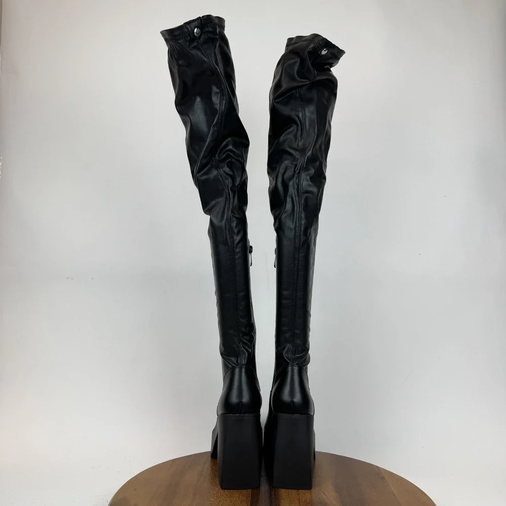 New Womens Azalea‎ Wang Adrianne Black Faux Leather Over The Knee Boots Size 7 M